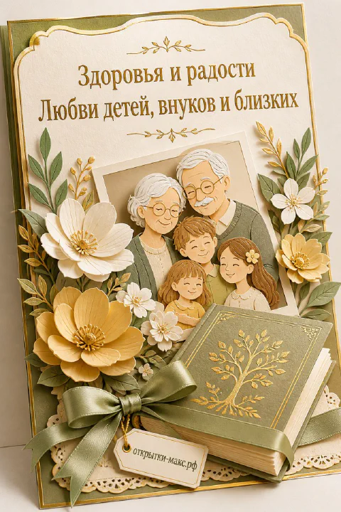 Бумажный коллаж с улыбающимися бабушкой и дедушкой в окружении внуков, цветов и семейной книги