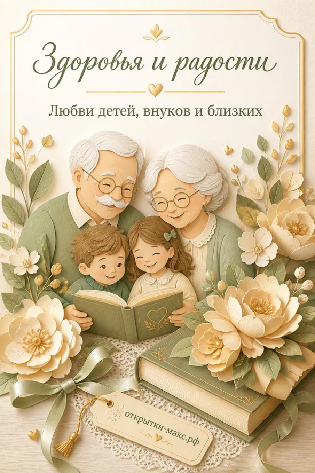 Бумажный коллаж с улыбающимися бабушкой и дедушкой в окружении внуков, цветов и семейной книги — вариант 2