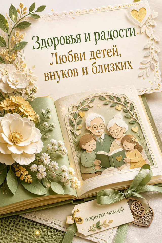 Бумажный коллаж с улыбающимися бабушкой и дедушкой в окружении внуков, цветов и семейной книги — вариант 4