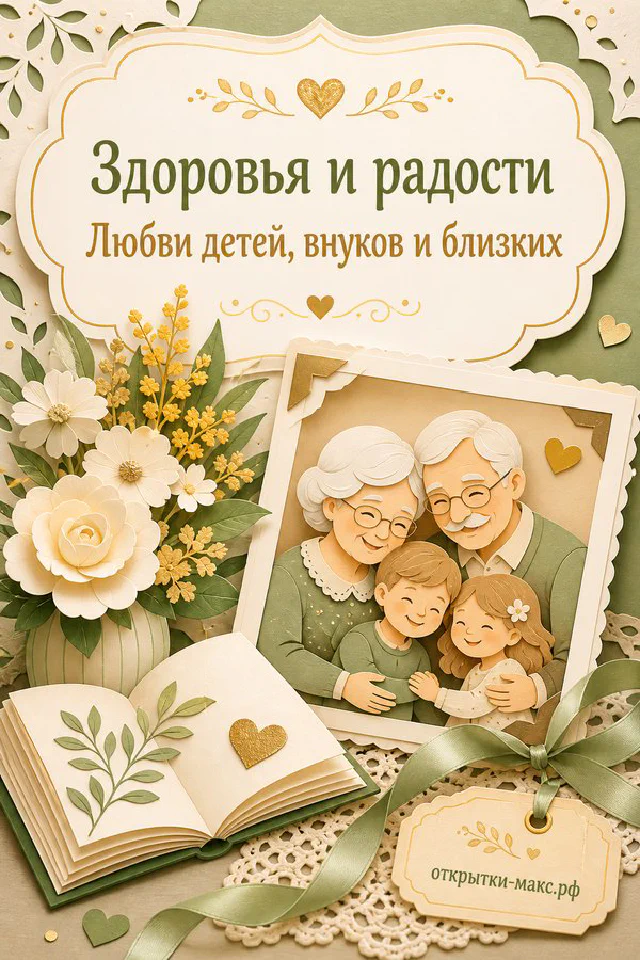 Бумажный коллаж с улыбающимися бабушкой и дедушкой в окружении внуков, цветов и семейной книги — вариант 8