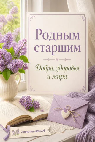 Открытка с букетом сирени в белой вазе на подоконнике, конверт с сердечком и надпись Родным старшим