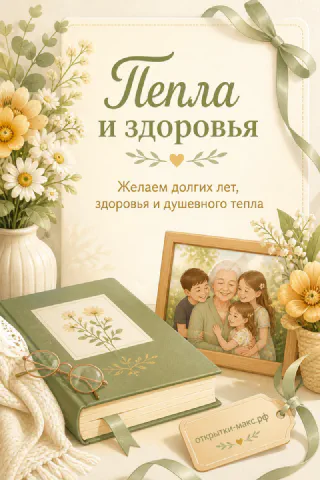 Акварельная открытка с зелёной книгой, очками, ромашками и семейным фото бабушки с внуками
