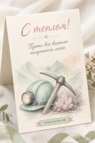 Акварельная открытка с горняцкой каской, киркой и розовыми кристаллами на бежевом фоне