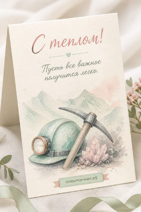 Акварельная открытка с горняцкой каской, киркой и розовыми кристаллами на бежевом фоне