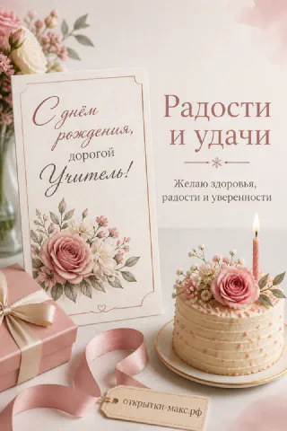 Именинный торт со свечой и розовой розой рядом с подарочной коробкой и открыткой «С днём рождения, дорогой учитель!»