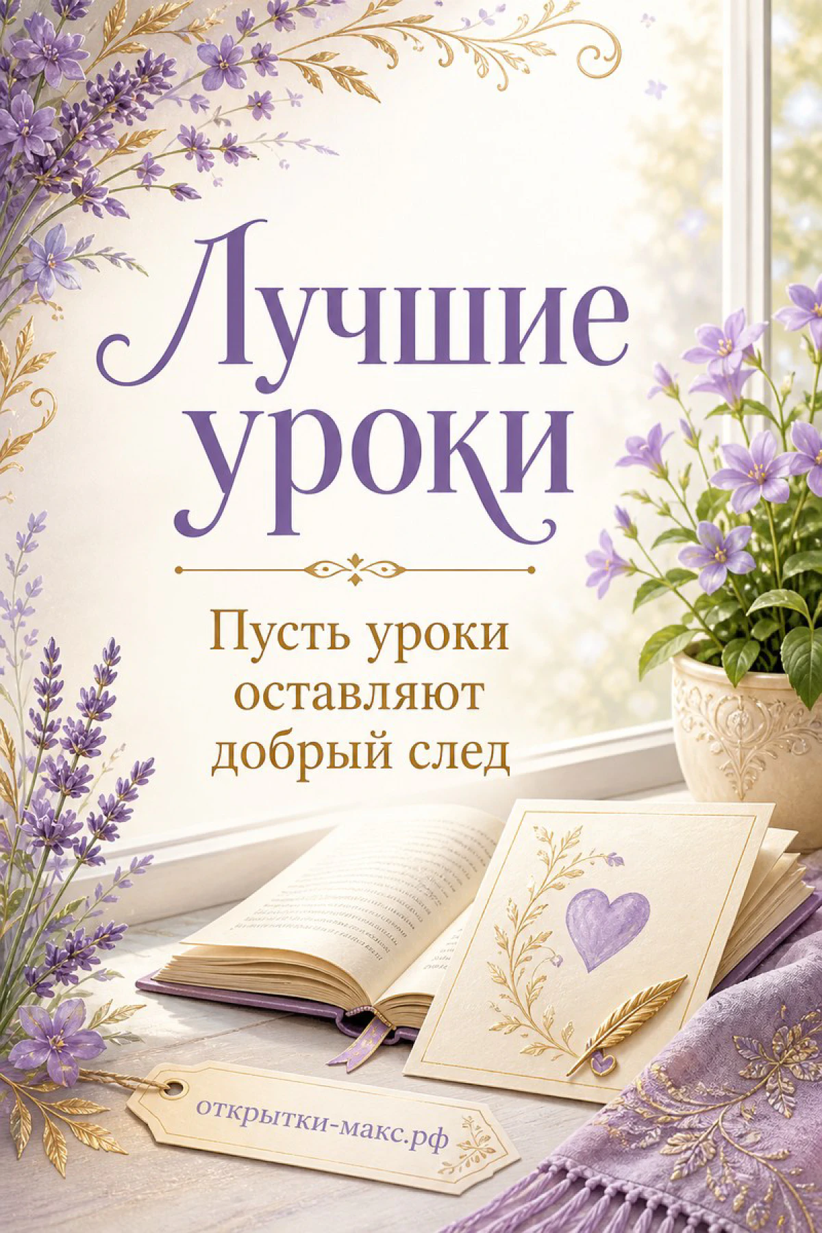 Открытый блокнот и карточка с сердечком среди веточек лаванды и фиолетовых цветов у окна