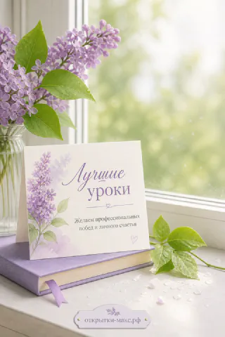 Открытка «Лучшие уроки» на стопке книг у окна рядом с веткой сирени и зелёным листком