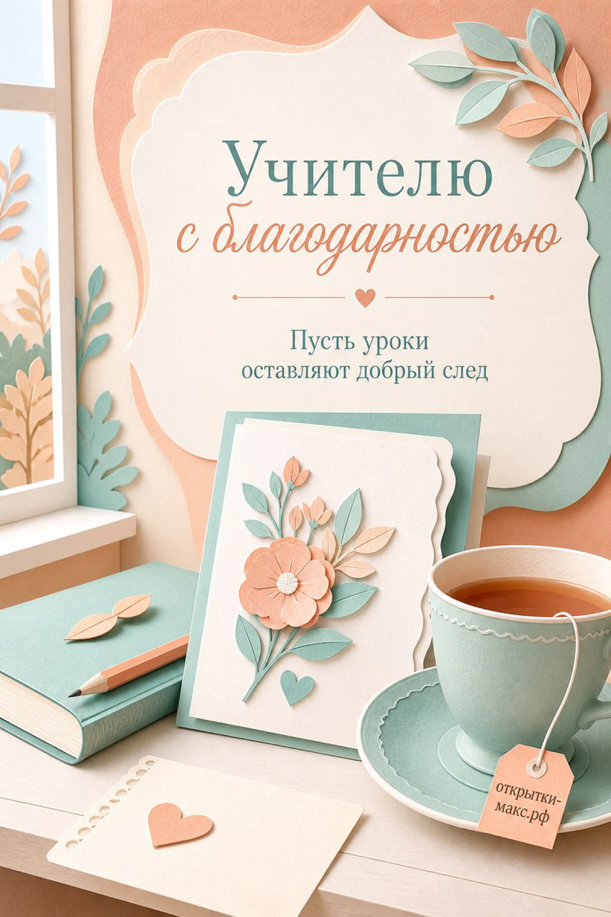 Чашка чая, книга, карандаш и цветочная открытка на столе в персиково-бирюзовых тонах