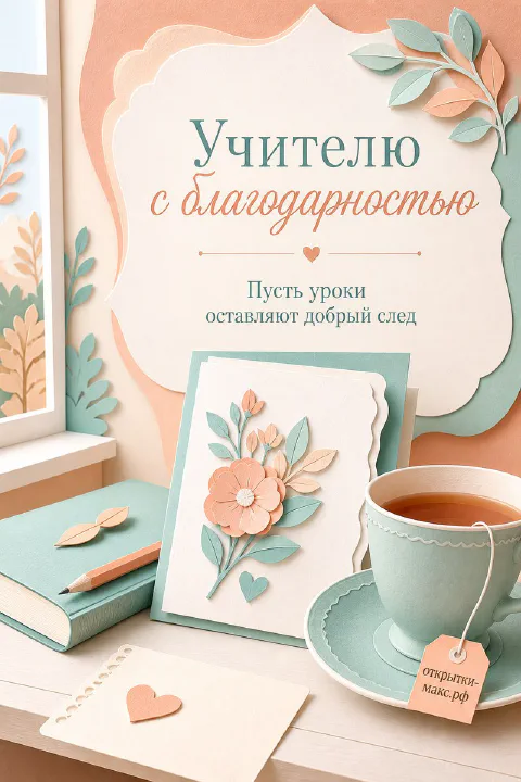 Чашка чая, книга, карандаш и цветочная открытка на столе в персиково-бирюзовых тонах