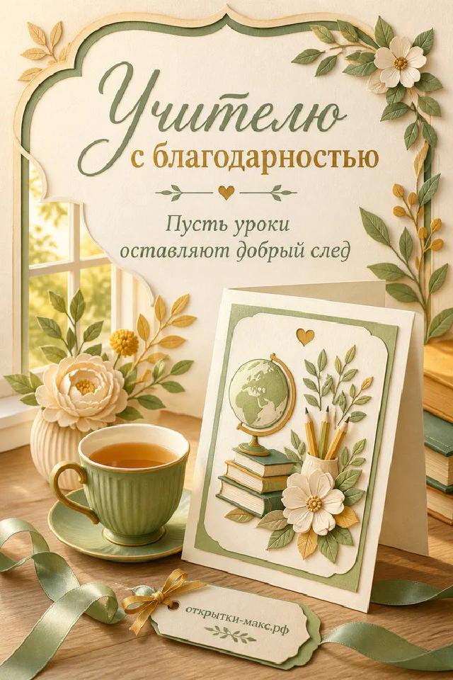 Чашка чая, книга, карандаш и цветочная открытка на столе в персиково-бирюзовых тонах — вариант 2