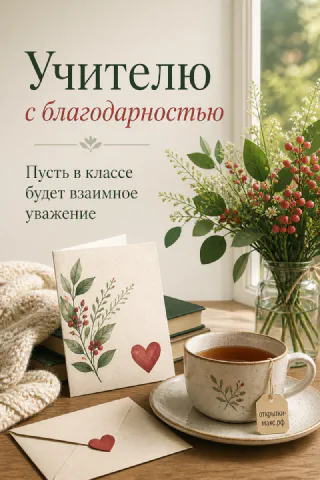 Чашка с чаем на блюдце с цветочным узором рядом с конвертом с сердечком и букетом с красными ягодами
