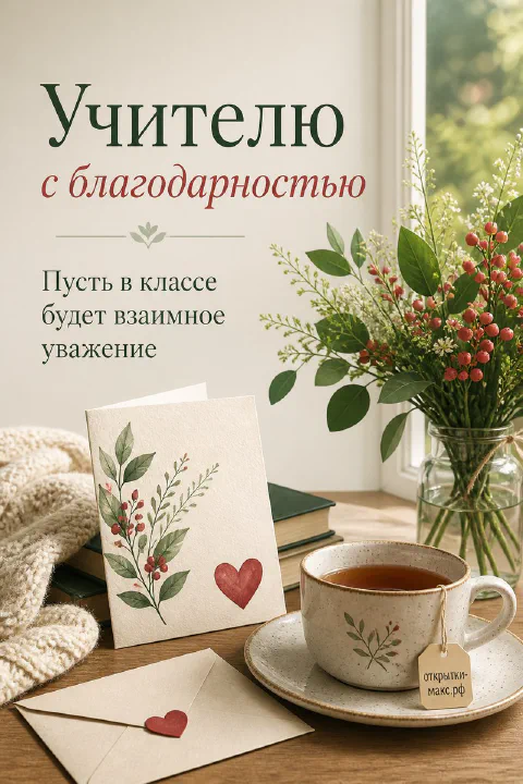 Чашка с чаем на блюдце с цветочным узором рядом с конвертом с сердечком и букетом с красными ягодами
