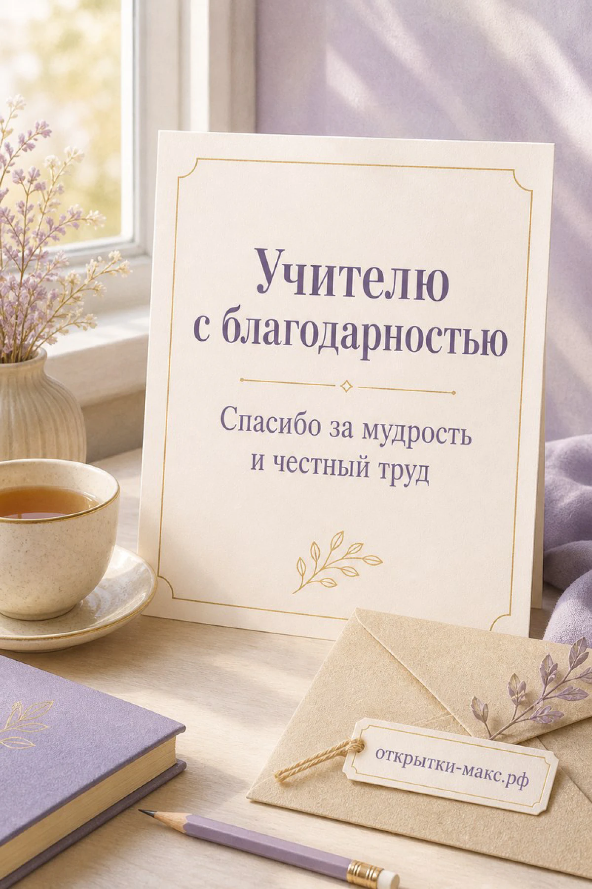Белая карточка «Учителю с благодарностью» на столе рядом с чашкой чая, лавандой и крафтовым конвертом