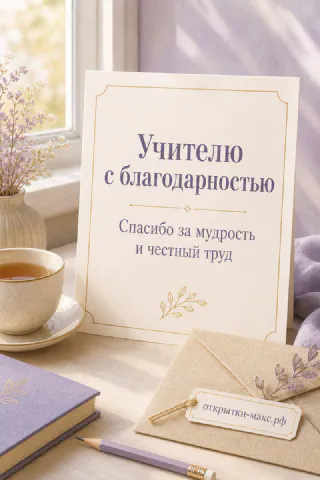 Белая карточка «Учителю с благодарностью» на столе рядом с чашкой чая, лавандой и крафтовым конвертом