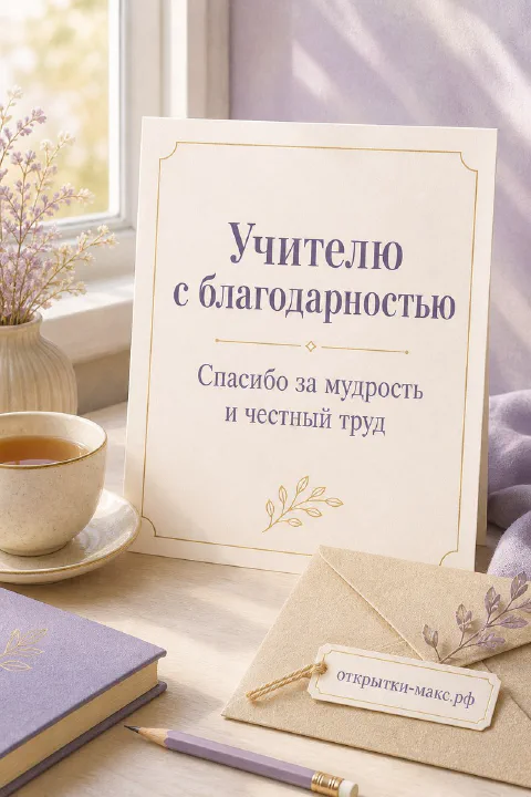 Белая карточка «Учителю с благодарностью» на столе рядом с чашкой чая, лавандой и крафтовым конвертом