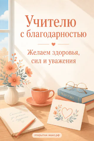 Чашка чая на блюдце рядом со стопкой книг, очками и открыткой «Учителю с благодарностью» на светлом столе