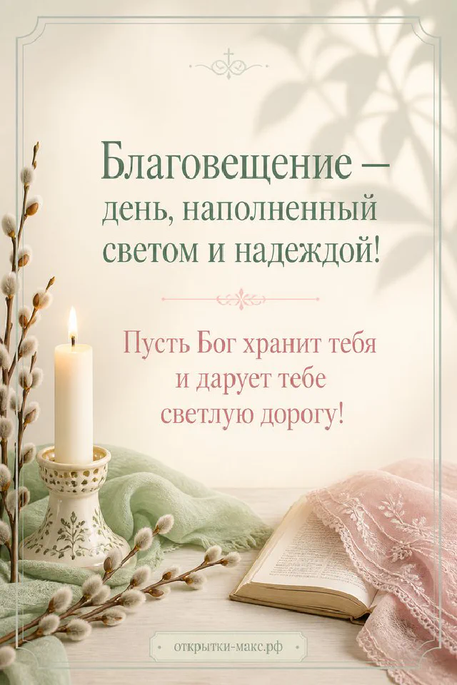 Золотой подсвечник со свечой, красная Библия с крестом и верба на вышитой льняной скатерти — вариант 2