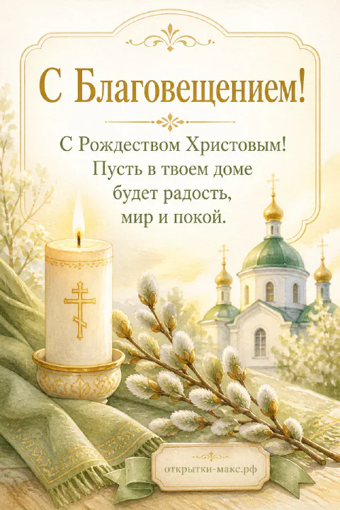 Горящая свеча с крестом, ветки вербы и белый храм с зелёными куполами на зеленоватом фоне