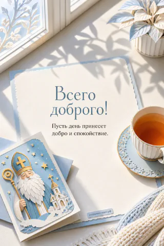 Икона Николая Чудотворца и чашка чая на блюдце рядом с вязаным пледом в голубых тонах