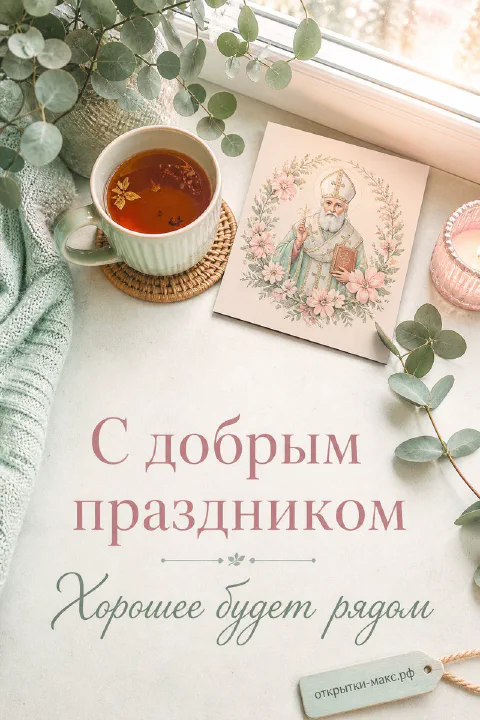 Чашка чая, акварельная икона Николая Чудотворца в розовых цветах и свеча у окна с эвкалиптом