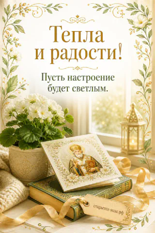 Икона Николая Чудотворца на книге среди белых цветов и свечи-фонаря в золотисто-зелёном оформлении