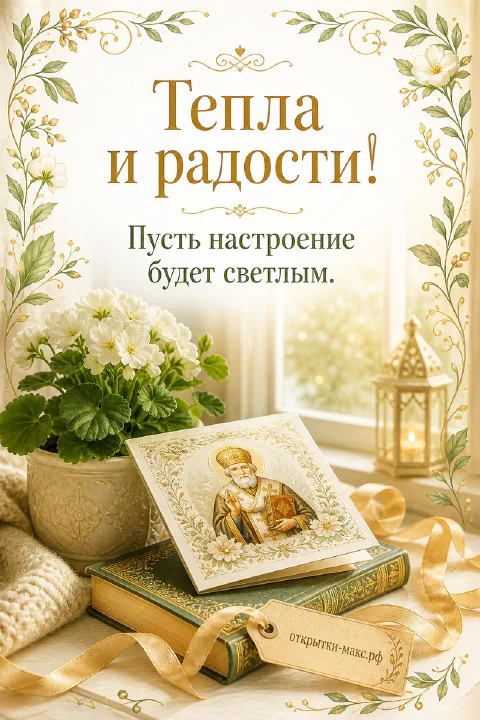 Икона Николая Чудотворца на книге среди белых цветов и свечи-фонаря в золотисто-зелёном оформлении