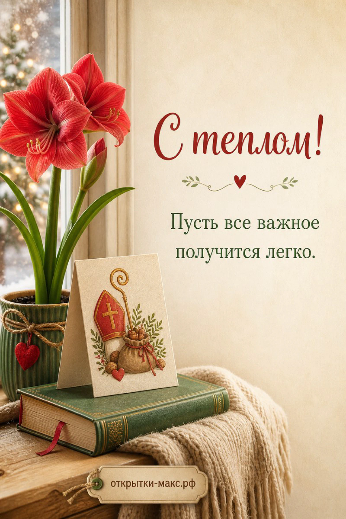Икона Николая Чудотворца на стопке книг рядом с красным амариллисом и вязаным пледом у зимнего окна