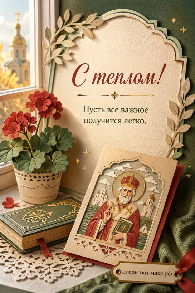 Икона Николая Чудотворца на стопке книг рядом с красным амариллисом и вязаным пледом у зимнего окна — вариант 2