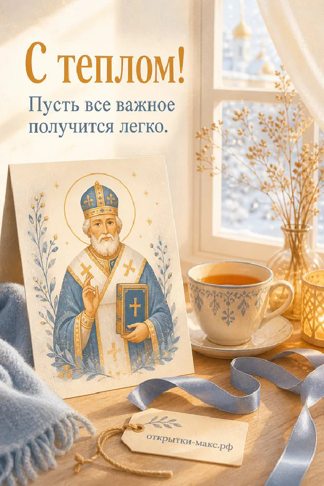 Икона Николая Чудотворца на стопке книг рядом с красным амариллисом и вязаным пледом у зимнего окна — вариант 3