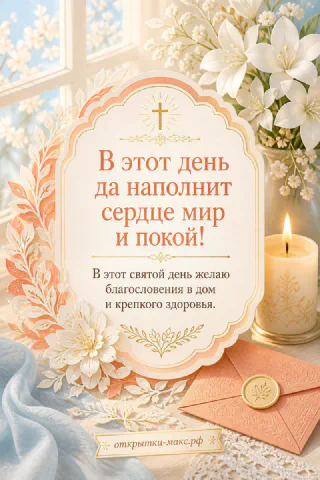 Открытка с золотым крестом, горящей свечой и розовым конвертом среди белых лилий на голубом фоне