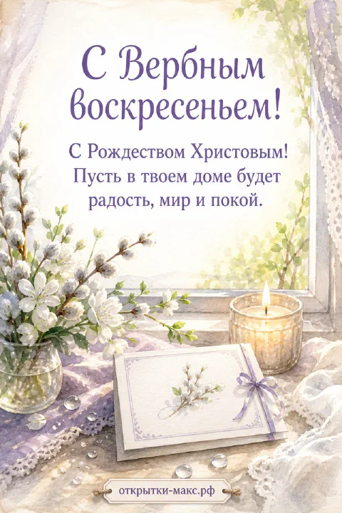 Акварельная открытка с белыми ветками вербы в вазе, горящей свечой и конвертом у окна с кружевной шторой