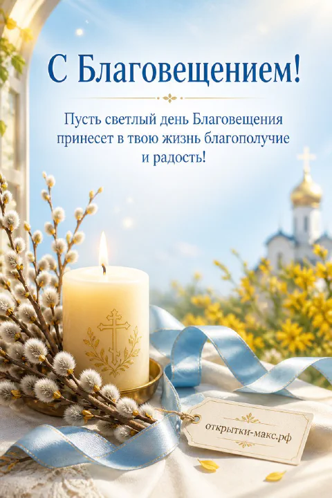 Белая свеча с крестом и ветки вербы на фоне голубого неба с золотыми куполами православного храма и жёлтыми цветами