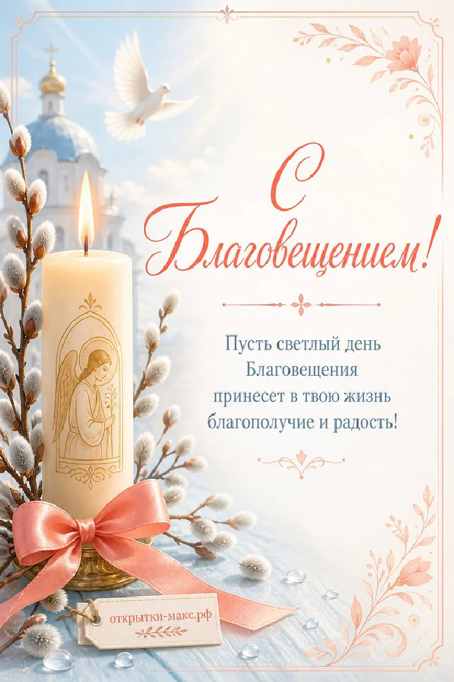 Белая свеча с крестом и ветки вербы на фоне голубого неба с золотыми куполами православного храма и жёлтыми цветами — вариант 2