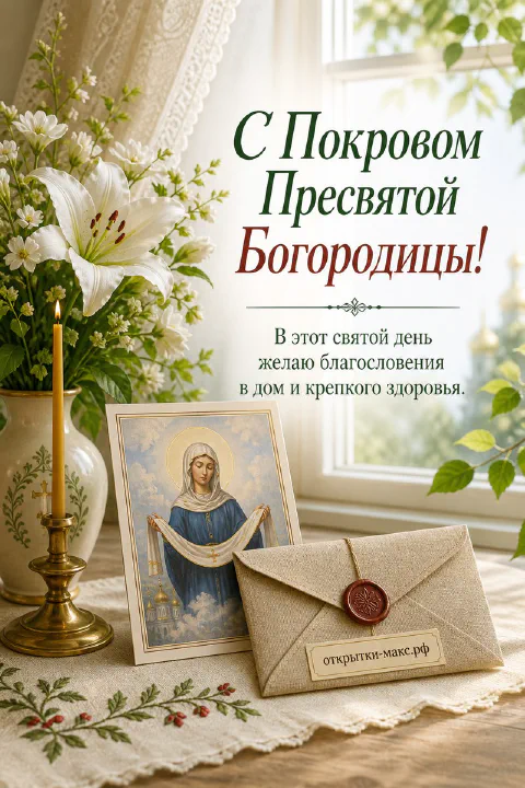 Икона Богородицы с омофором, горящая свеча на подсвечнике и конверт с печатью среди белых лилий у солнечного окна