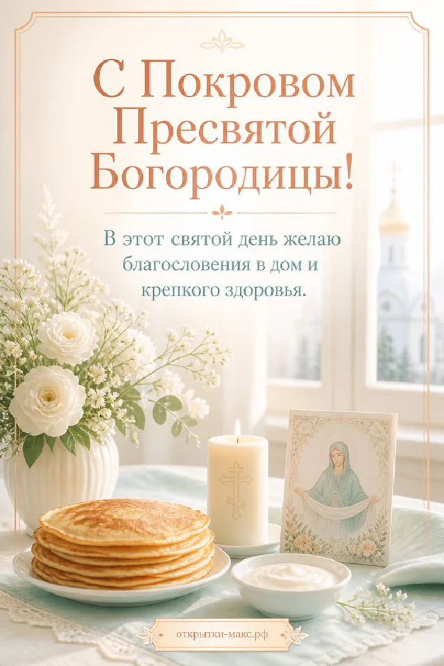 Икона Богородицы с омофором, горящая свеча на подсвечнике и конверт с печатью среди белых лилий у солнечного окна — вариант 2