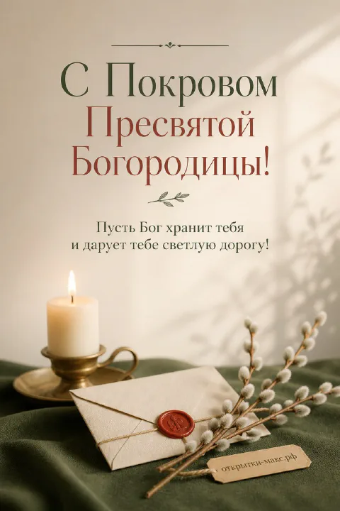 Конверт с красной сургучной печатью, горящая свеча на медном подсвечнике и ветки вербы на тёмно-зелёном фоне