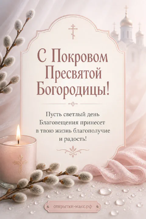 Розовая свеча с крестом и ветки вербы с каплями росы на фоне рассветных куполов православного храма