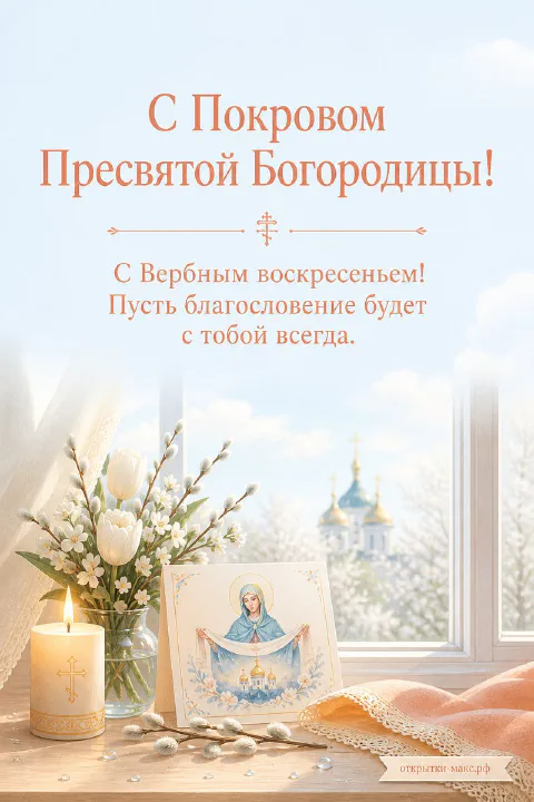 Свеча, ветки вербы и акварельная иконка Богородицы на подоконнике с белыми цветами и куполами за окном