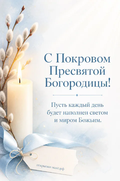 Белая свеча с крестом и ветки пушистой вербы с голубой атласной лентой и биркой на светло-голубом фоне
