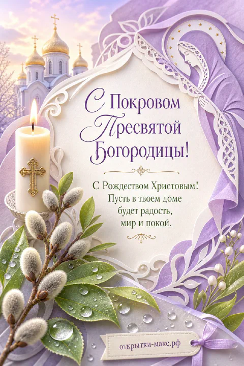 Православная открытка на Покров: свеча с крестом, ветки вербы и храм с золотыми куполами на сиреневом фоне