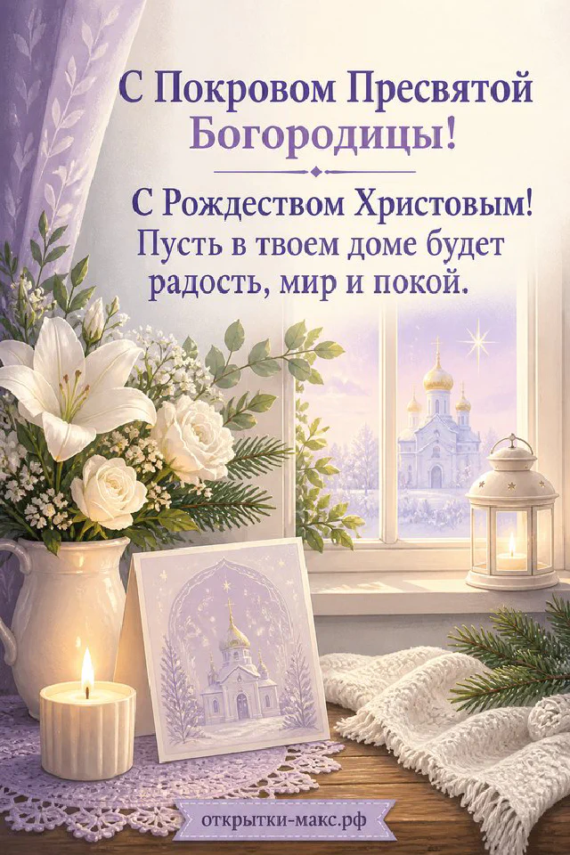 Православная открытка на Покров: свеча с крестом, ветки вербы и храм с золотыми куполами на сиреневом фоне — вариант 2