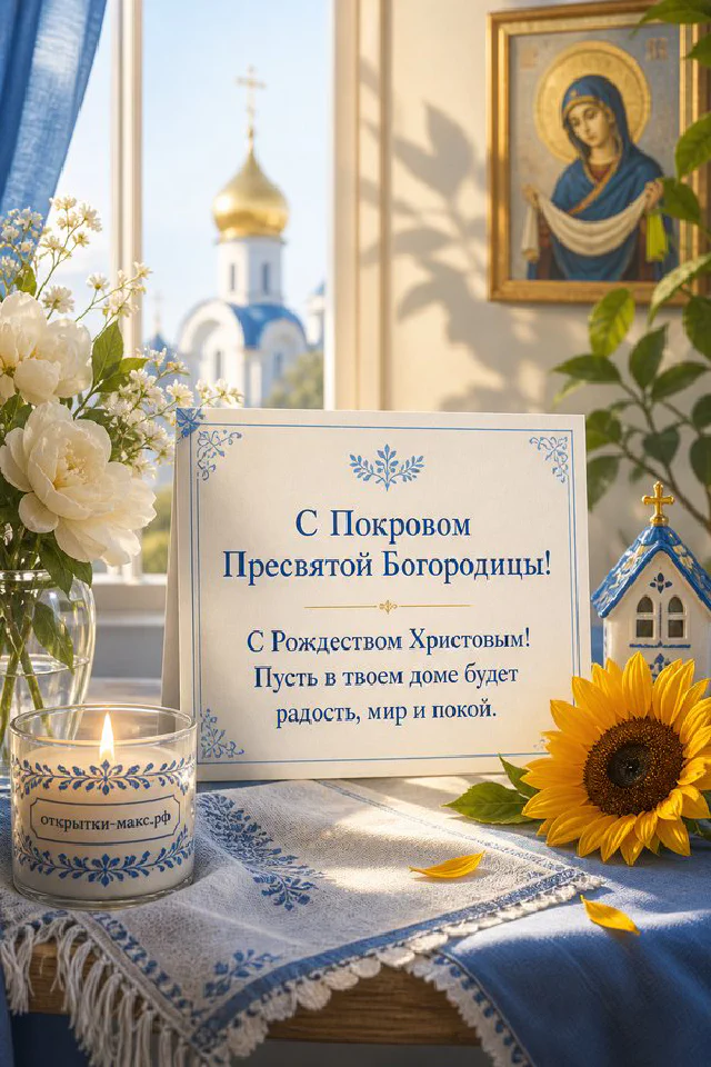 Православная открытка на Покров: свеча с крестом, ветки вербы и храм с золотыми куполами на сиреневом фоне — вариант 3