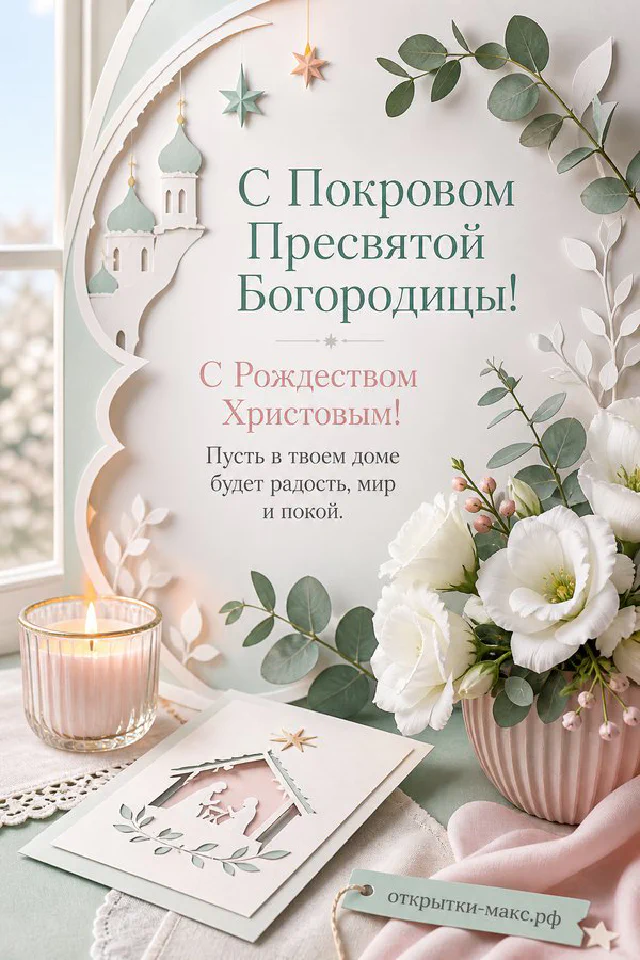 Православная открытка на Покров: свеча с крестом, ветки вербы и храм с золотыми куполами на сиреневом фоне — вариант 4