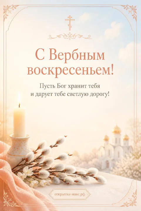 Горящая свеча с крестом и ветки вербы на бежевом фоне с силуэтами куполов православного храма