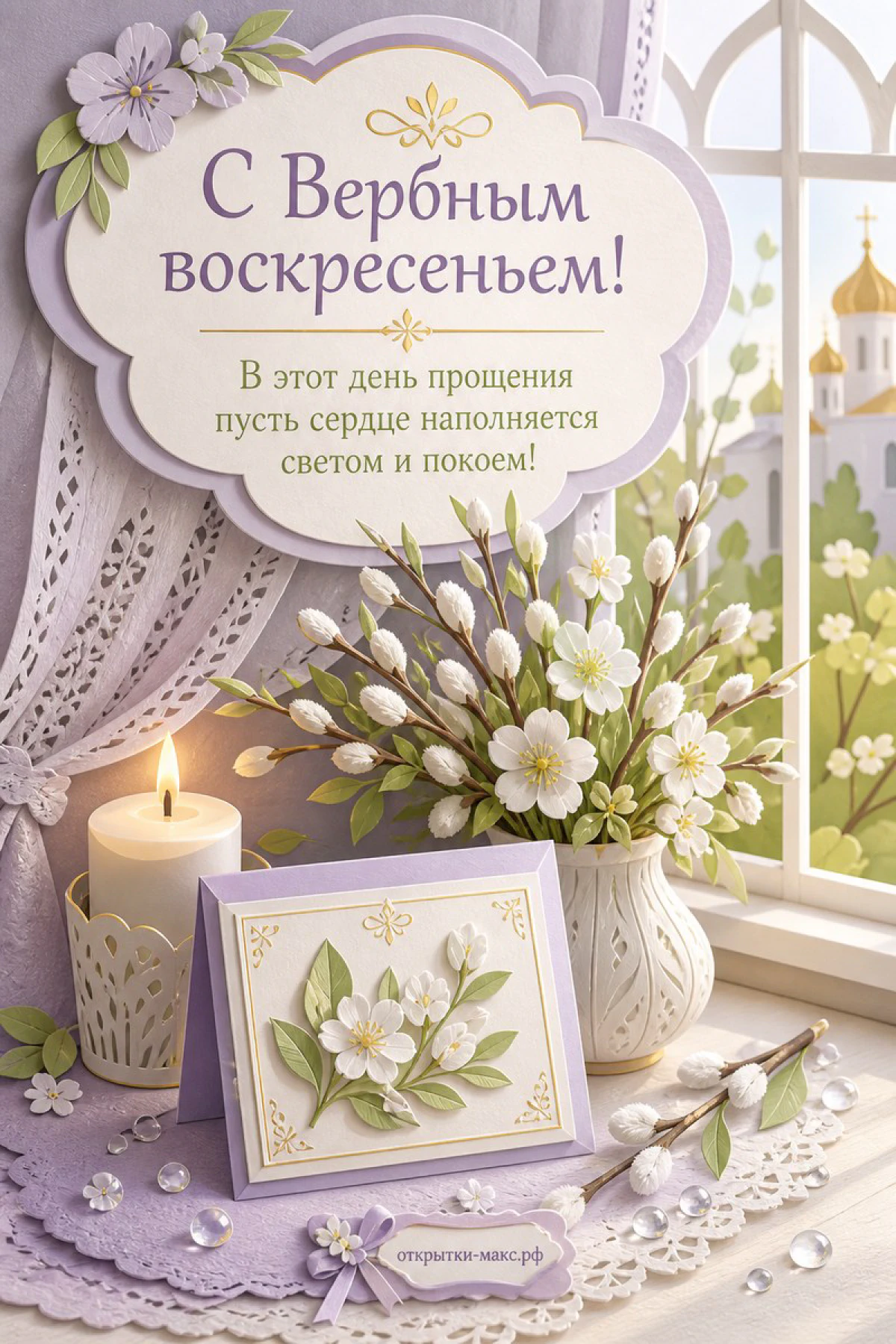 Ваза с белыми цветами и вербой, горящая свеча и открытка на фиолетовом столе у окна с видом на православный храм