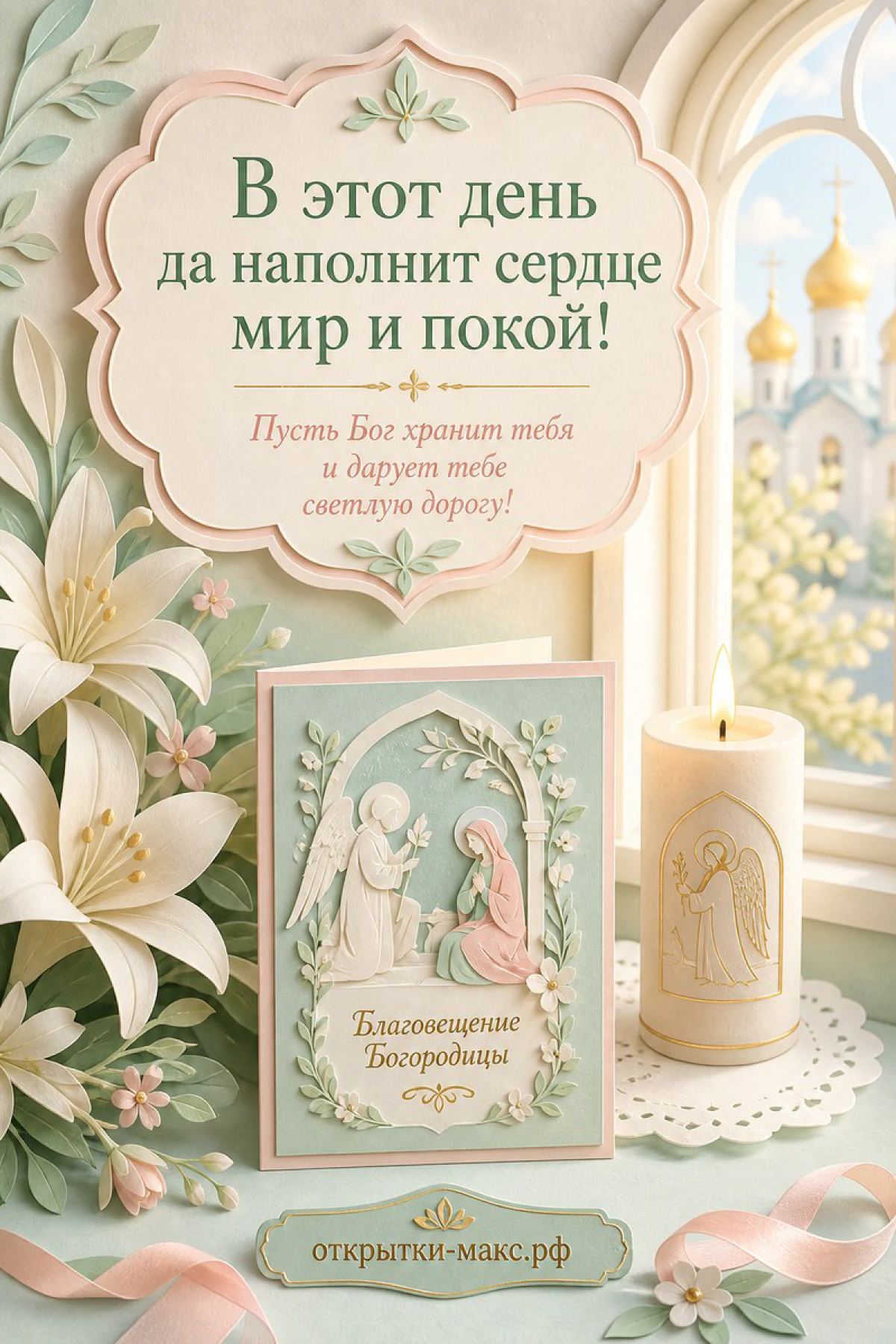 Рельефная иконка с ангелом и Богородицей, свеча-столбик и белые лилии у арочного окна с куполами