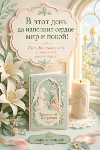 Рельефная иконка с ангелом и Богородицей, свеча-столбик и белые лилии у арочного окна с куполами