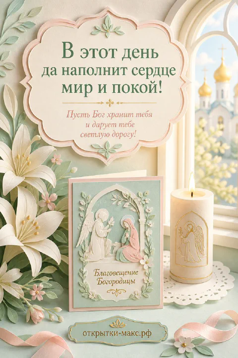 Рельефная иконка с ангелом и Богородицей, свеча-столбик и белые лилии у арочного окна с куполами