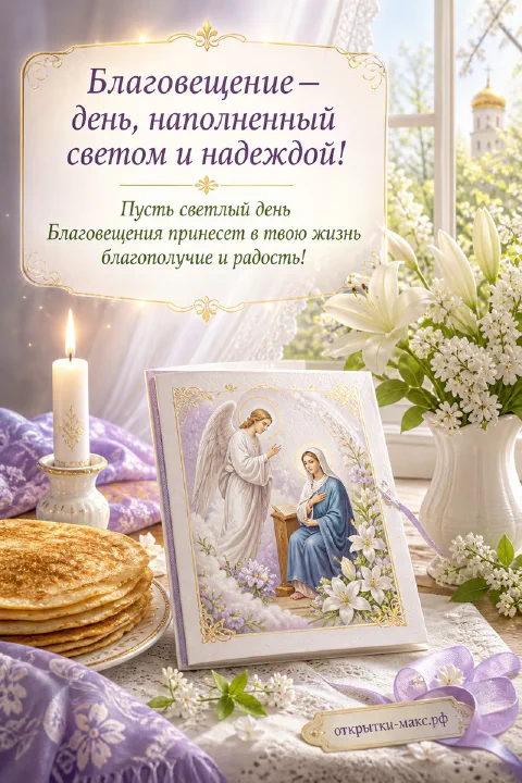 Икона с ангелом и Богородицей, свеча и белые лилии на накрытом столе с блинами — открытка на Благовещение