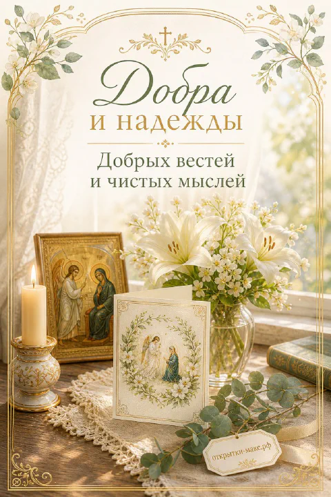 Икона с ангелами, горящая свеча в подсвечнике и белые лилии с эвкалиптом — открытка на Благовещение